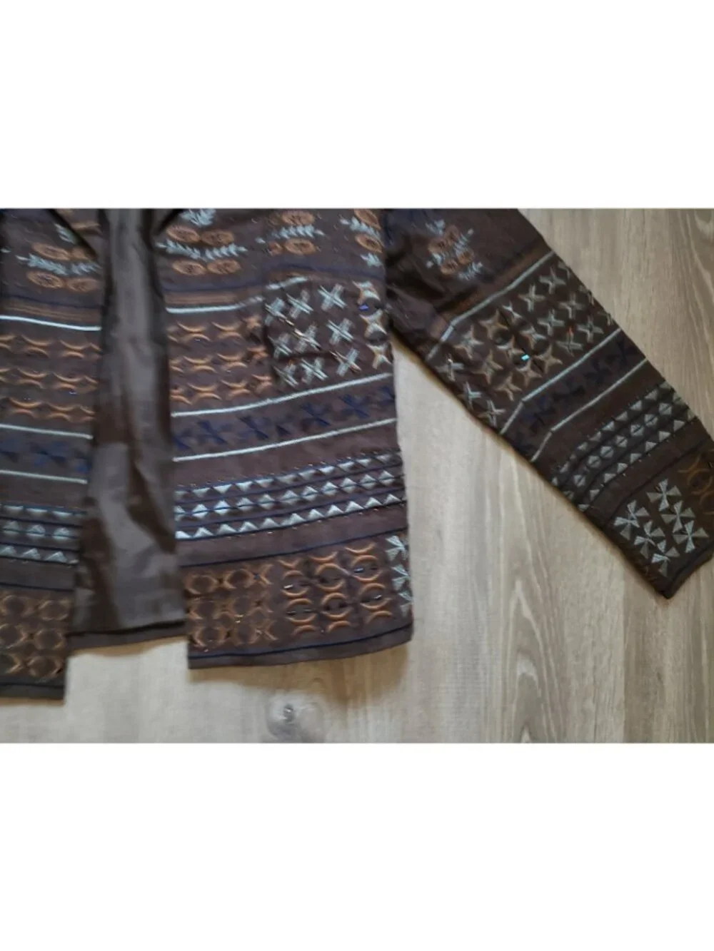 Coldwater Creek Womens 10 Open Front Jacket Brown Embroidered Beaded Fall Artsy